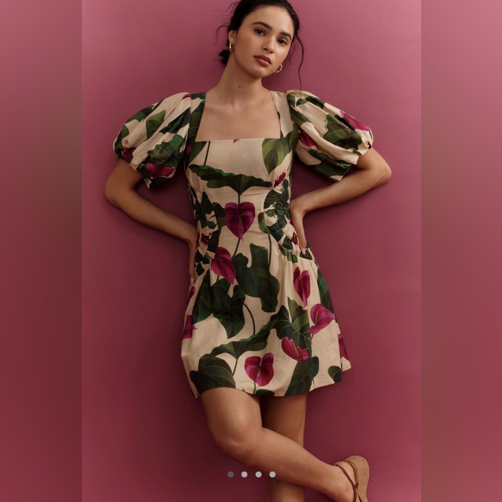 Farm Rio Anthurium Leaves Linen Blend Short-Sleeves Square Neck Mini Dress